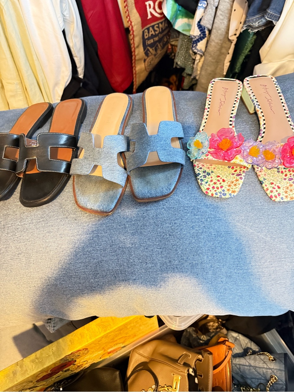 Women's Slide Sandals in Black, Denim and Floral all three pairs for one price